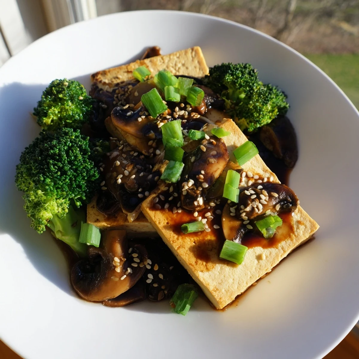 Golden-brown Sautéed Tofu Steaks with vibrant greens and earthy mushrooms in a flavorful sauce.