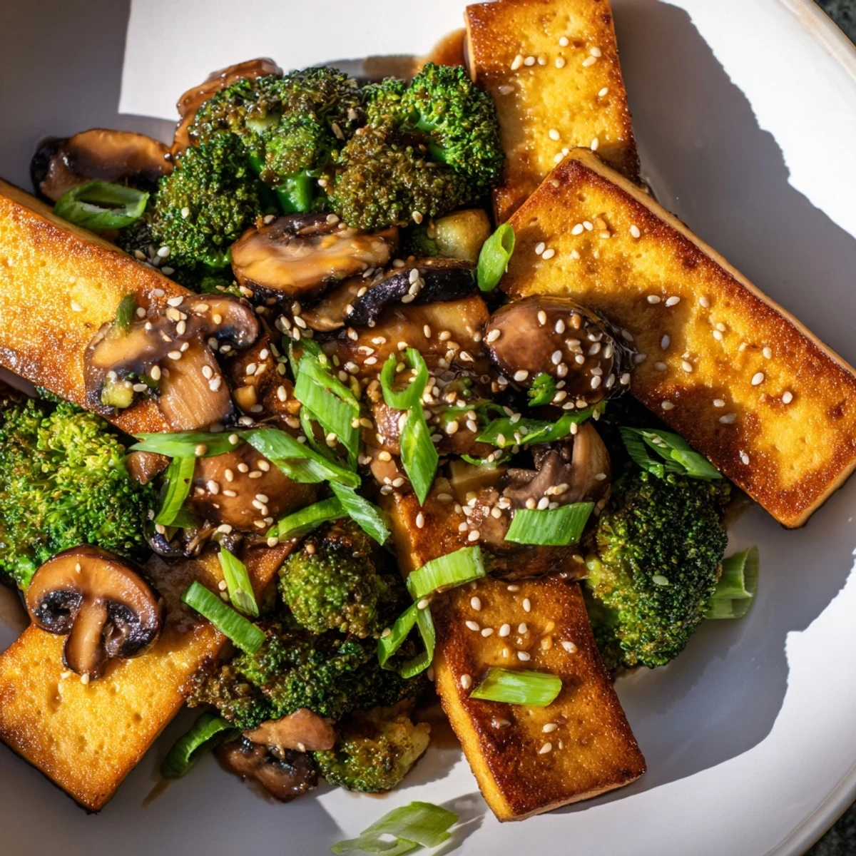 This delicious Sautéed Tofu with broccoli and shiitakes is a vegan delight, garnished with sesame seeds.