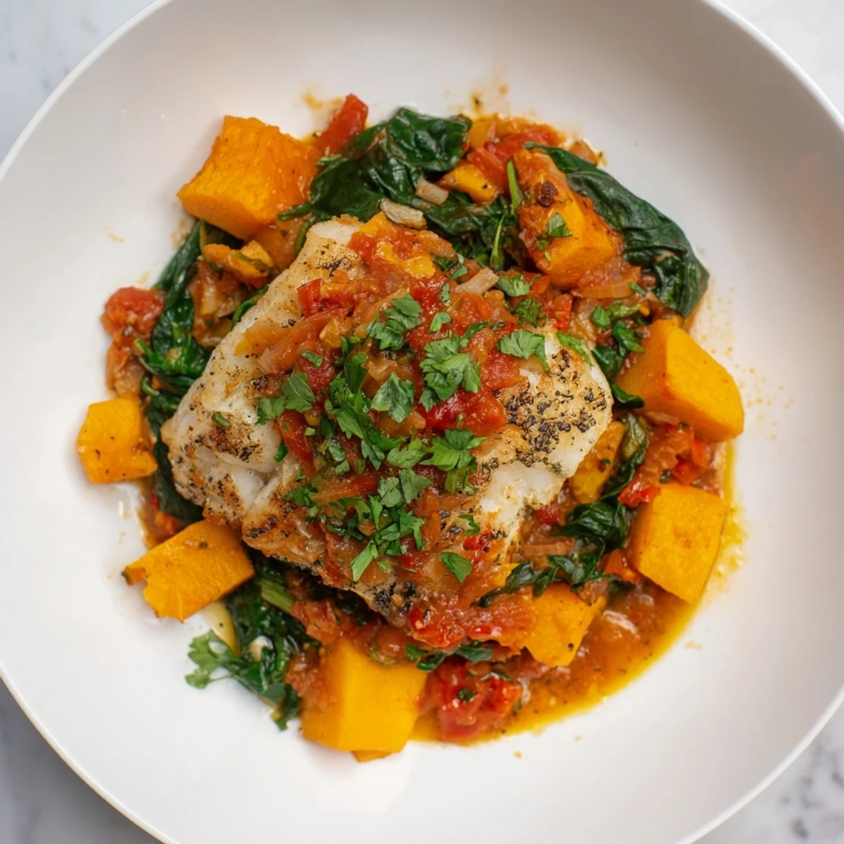 Baked Cod with Butternut Squash and Tomato Herb Sauce, a colorful baked dish for dinner.