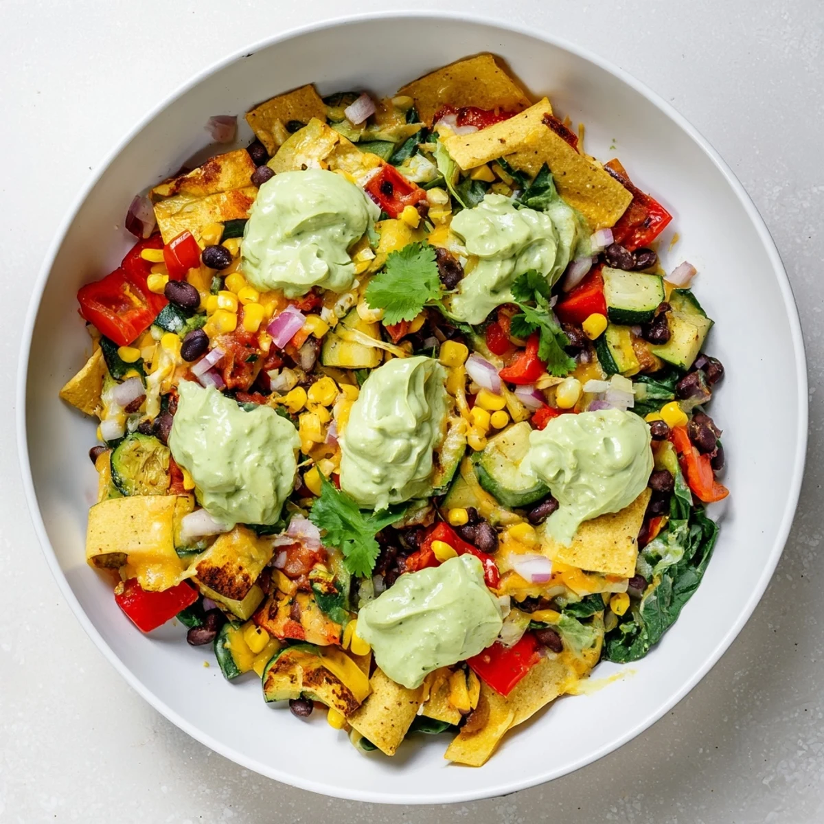 Brightly colored Veggie-Packed Taco Skillet with avocado yogurt, ready to eat with a creamy sauce.