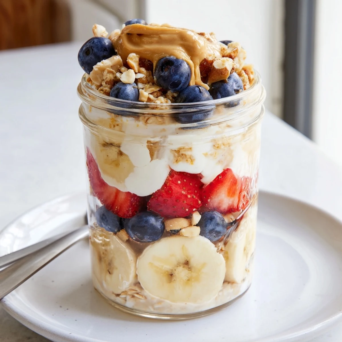 Creamy overnight oats jars layered with fresh fruit and peanut butter, a delightful breakfast.