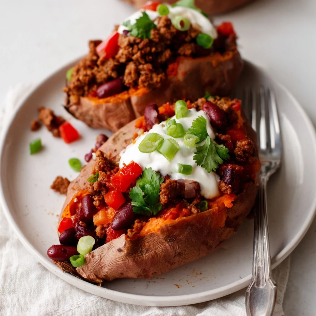 Steaming baked sweet potatoes stuffed with savory chili, a delicious and easy main dish.