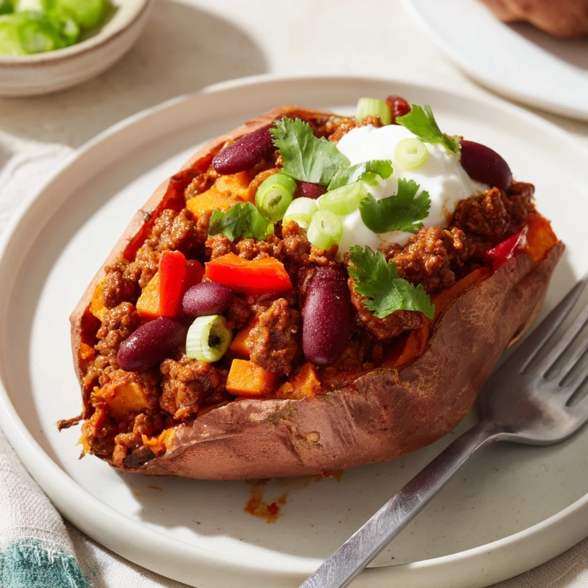 Golden, baked sweet potatoes filled with vibrant chili, ready to be enjoyed with toppings.