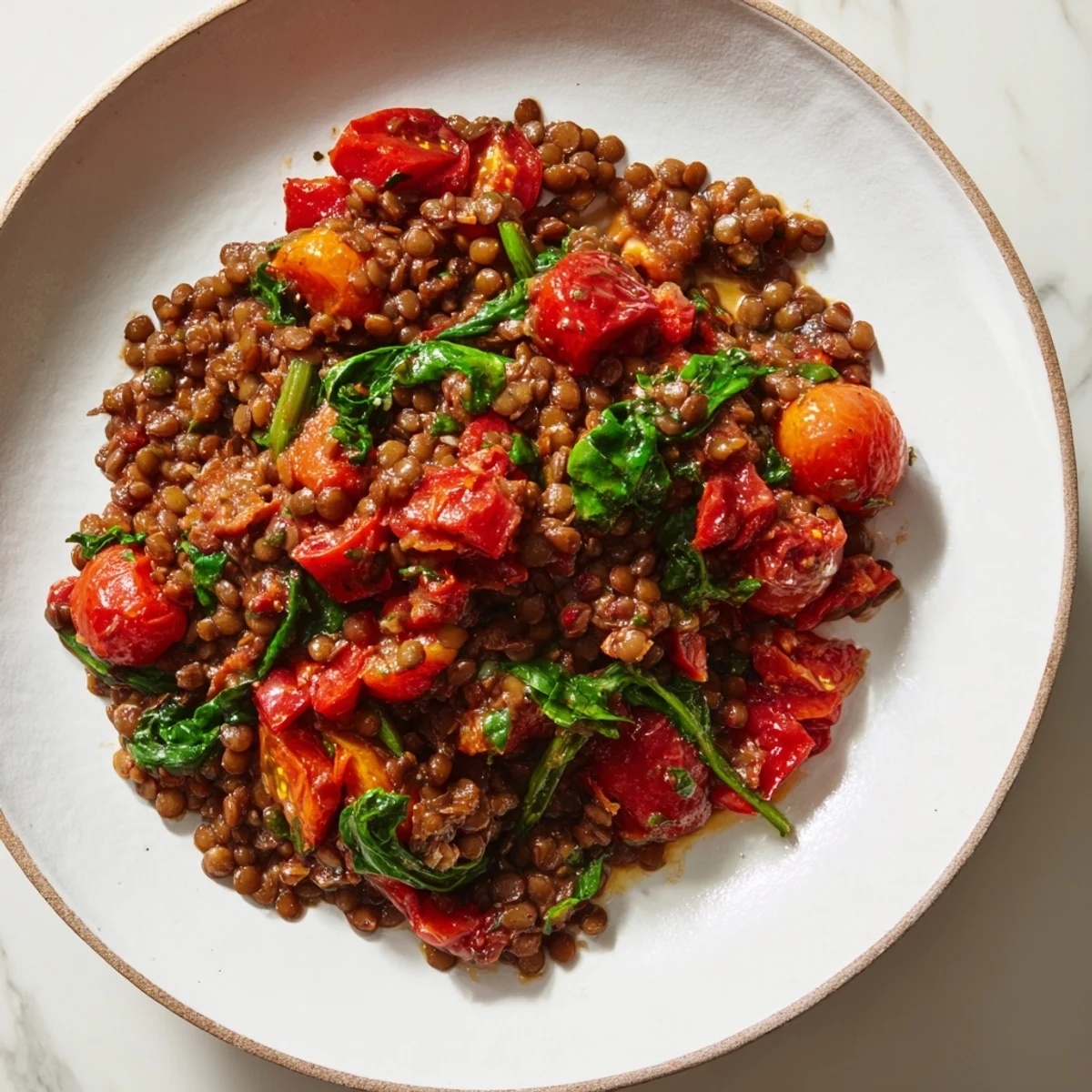 Golden light bathes the Lentil-Tomato Skillet, showcasing vibrant tomatoes and fresh herbs in a comforting one-pan meal.
