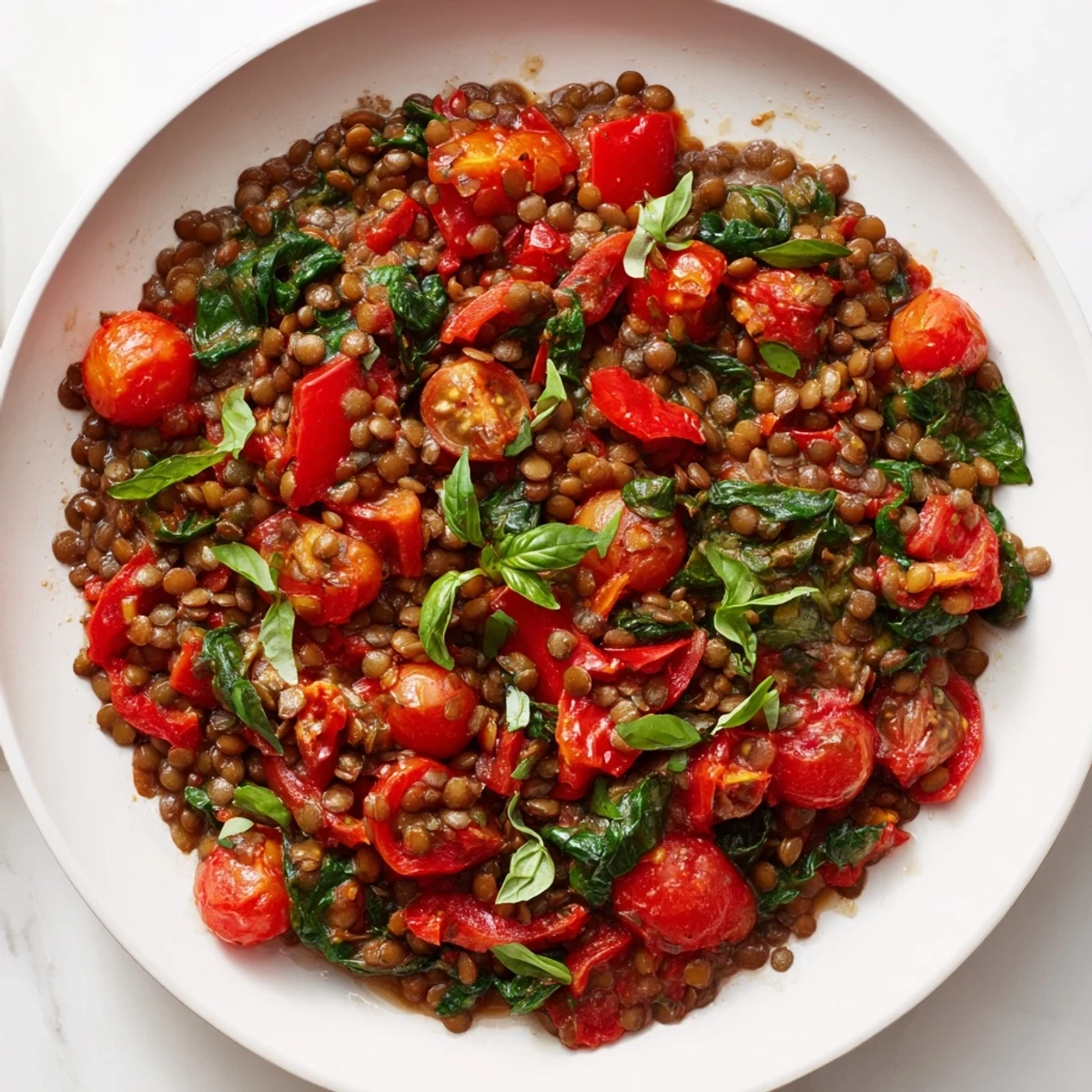 Close-up of a bubbling Lentil-Tomato Skillet with tender lentils, bursting tomatoes and spinach, ready to serve.