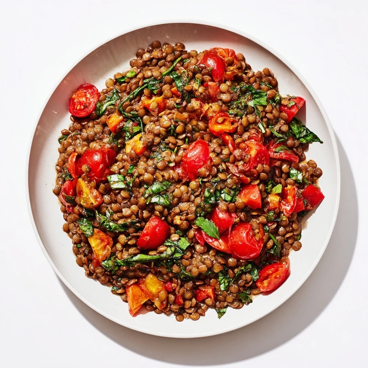 A steaming bowl of flavorful Lentil-Tomato Skillet, a delicious vegetarian supper with Mediterranean herbs and spices.