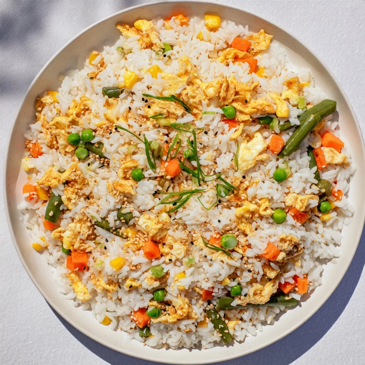 Steaming bowl of Frozen Veggie Fried Rice with Egg, featuring fluffy scrambled eggs and savory sauce.
