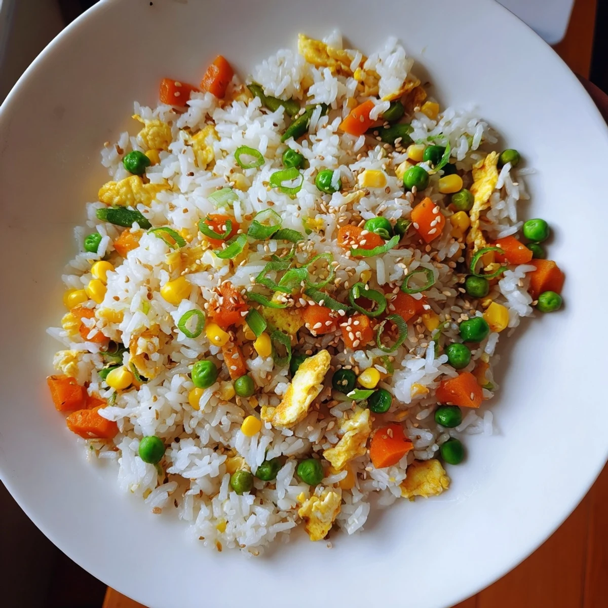 Close-up of golden-brown Frozen Veggie Fried Rice; the dish bursts with fresh vegetables and savory flavors.