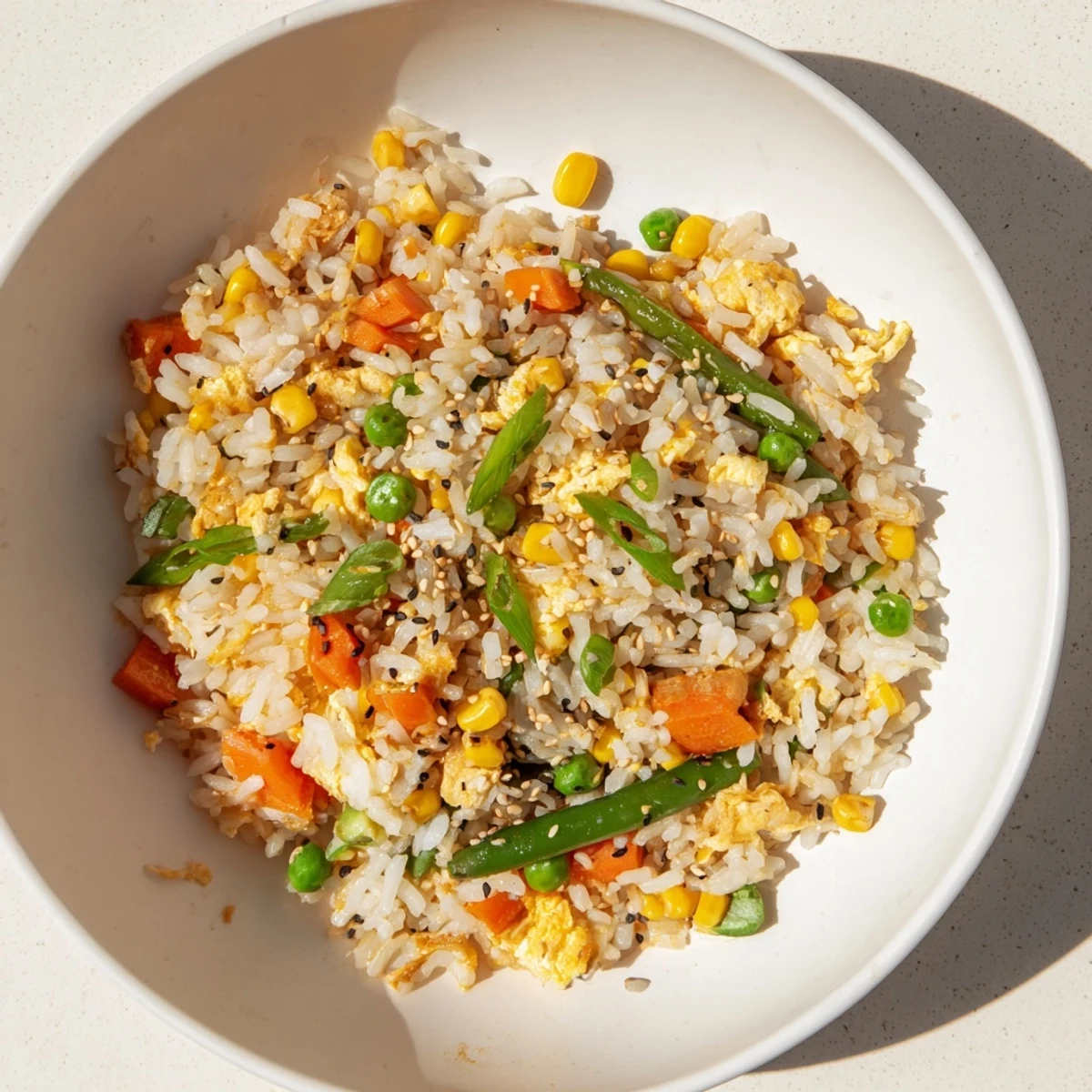 Delicious, colorful Frozen Veggie Fried Rice with egg and a sprinkle of sesame seeds, ready to enjoy.