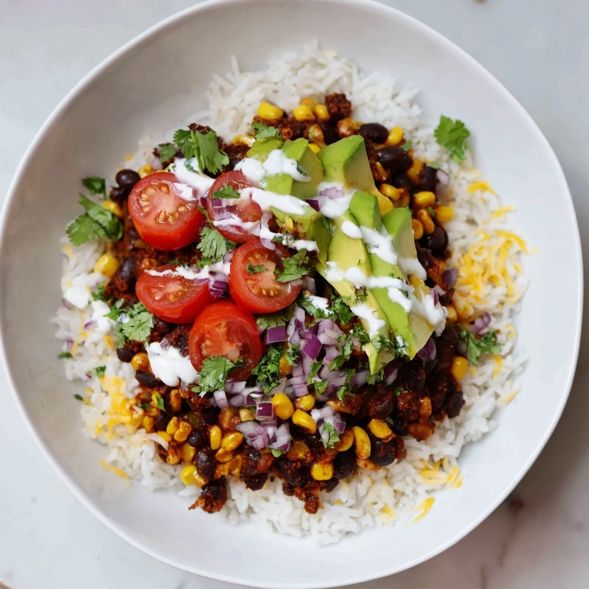 Fluffy rice, seasoned beans, and sweet corn make up this delicious Rice, Bean, and Corn Burrito Bowl meal.