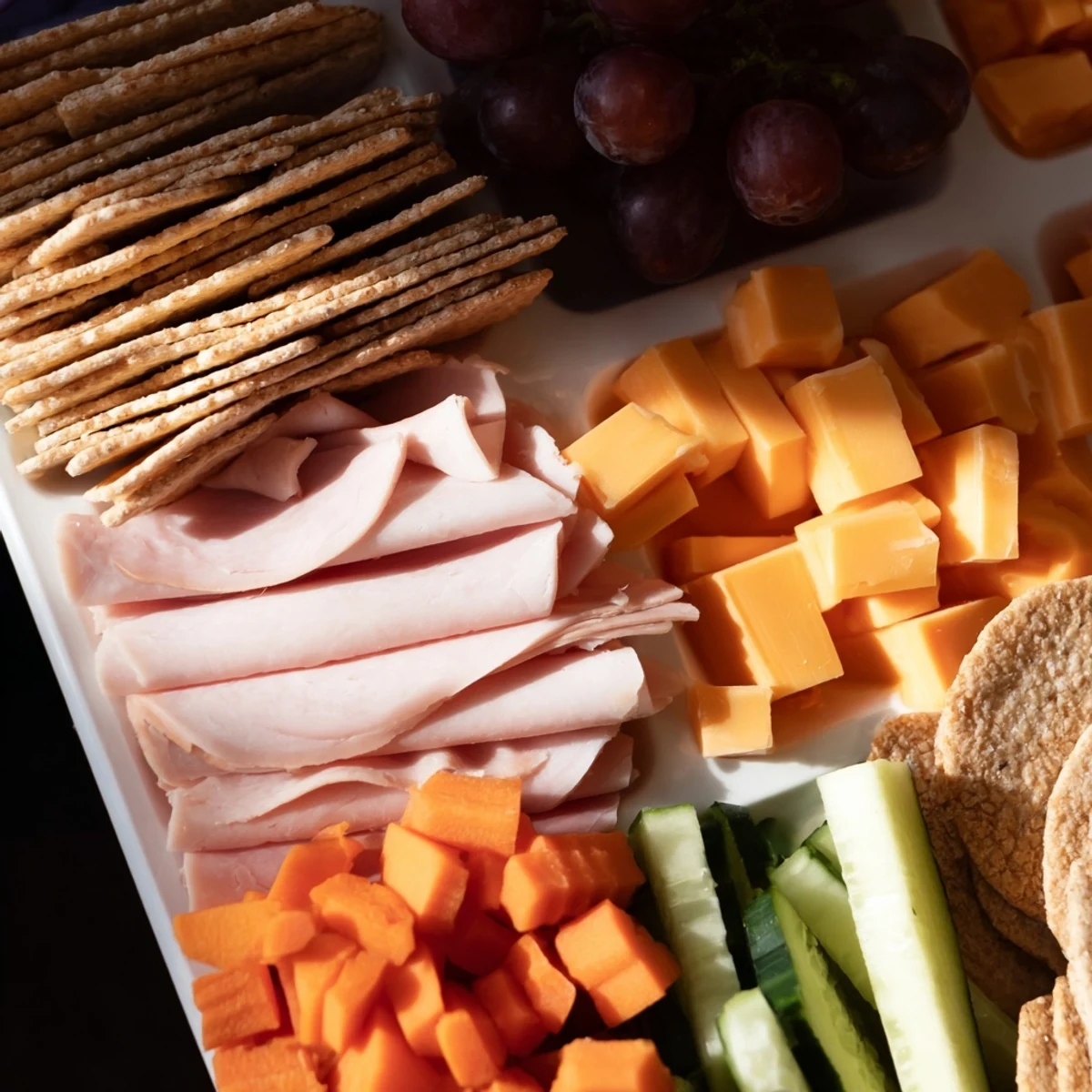 DIY Lunchables trays, overflowing with colorful meats, cheeses, crackers, and healthy sides, ready to pack.