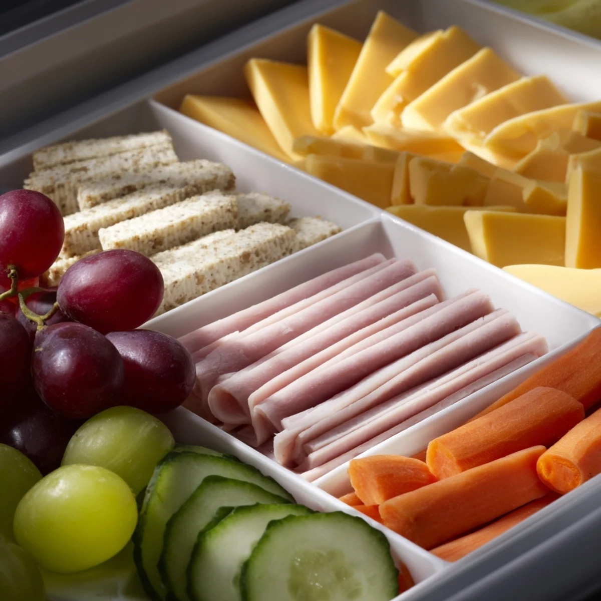 Perfectly portioned DIY Lunchables showcase turkey, ham, cheese, grapes, and crackers for a fun, easy meal.