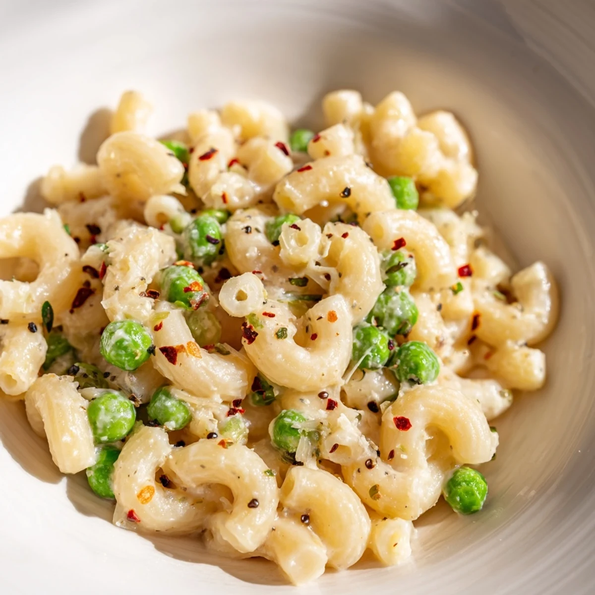 Close-up of savory Macaroni & Peas, showing tender pasta and vibrant green peas in a light sauce.