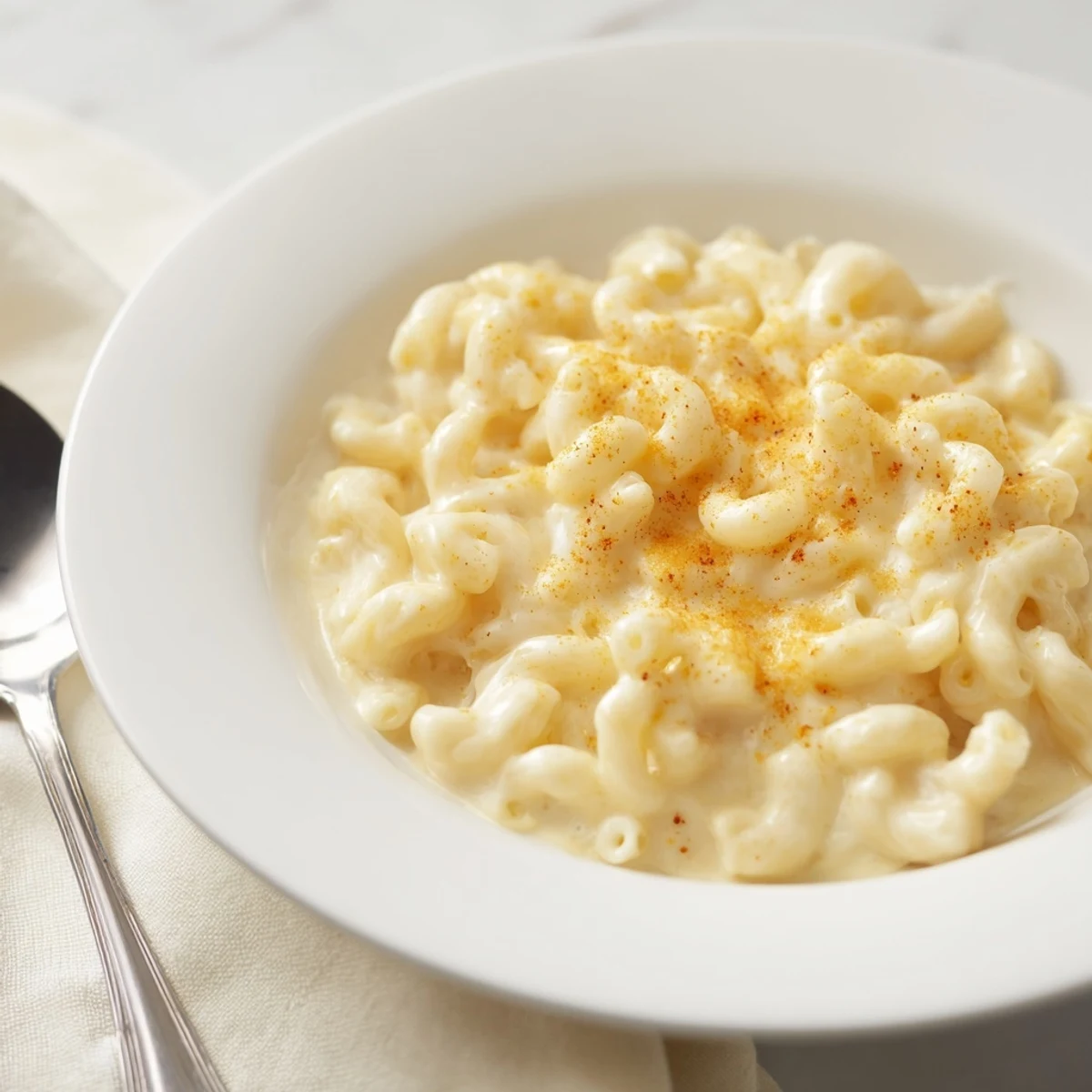 Steaming mug mac & cheese, topped with paprika, ready for a quick, comforting meal.