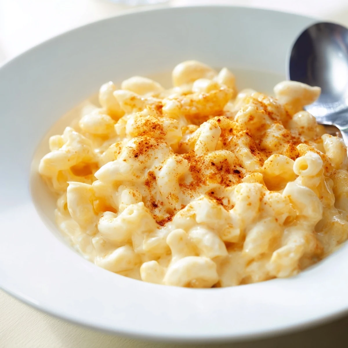 A close-up of a creamy mug mac & cheese, made in minutes and ready to savor.