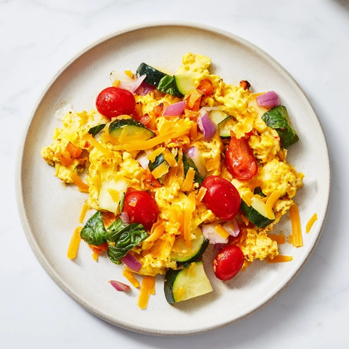 Egg & Veggie Sheet Pan Scramble, a colorful breakfast with roasted vegetables and fluffy eggs.