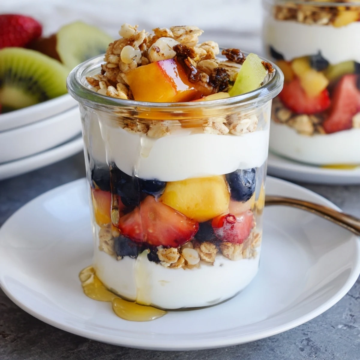 Creamy yogurt parfait with colorful fruit and crunchy granola, a quick breakfast.