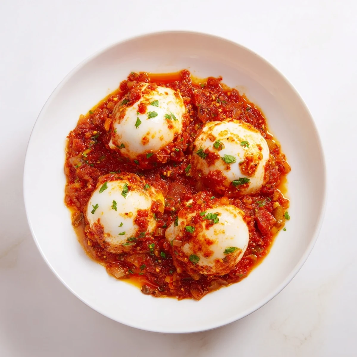 Savoury baked eggs in tomato sauce, ready in a skillet, swimming in rich, spiced tomato sauce.