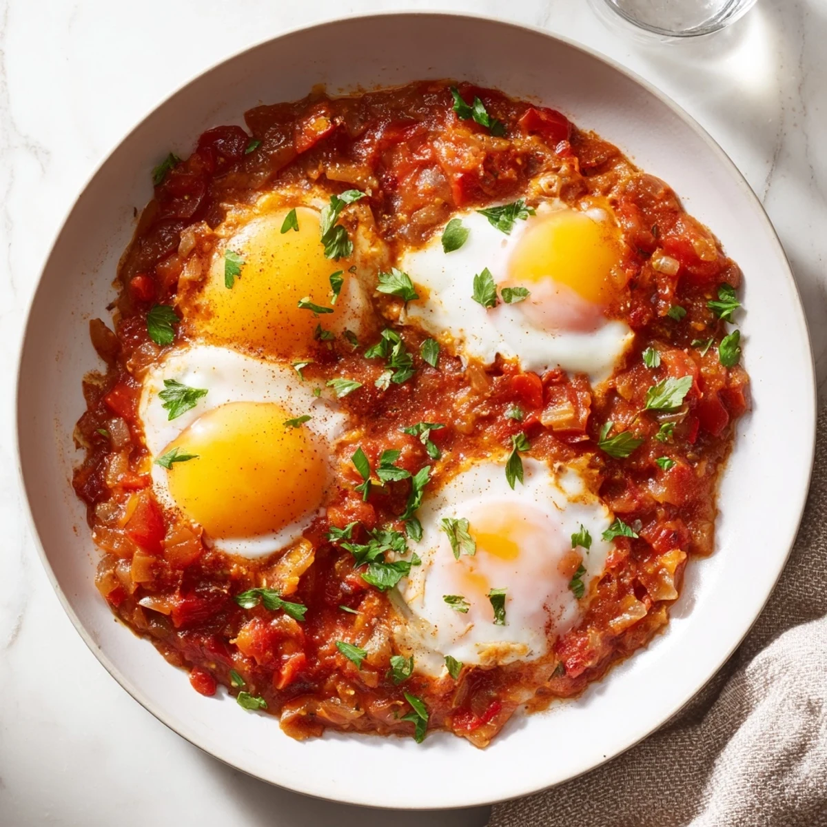 A close-up of vibrant savoury baked eggs in tomato sauce, garnished, perfect for breakfast or brunch.