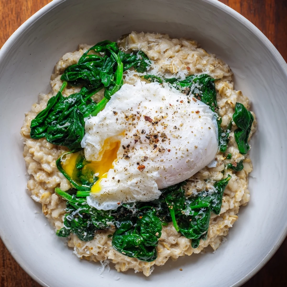 Creamy Savory Oatmeal with spinach and runny poached egg, ready for a satisfying brunch.