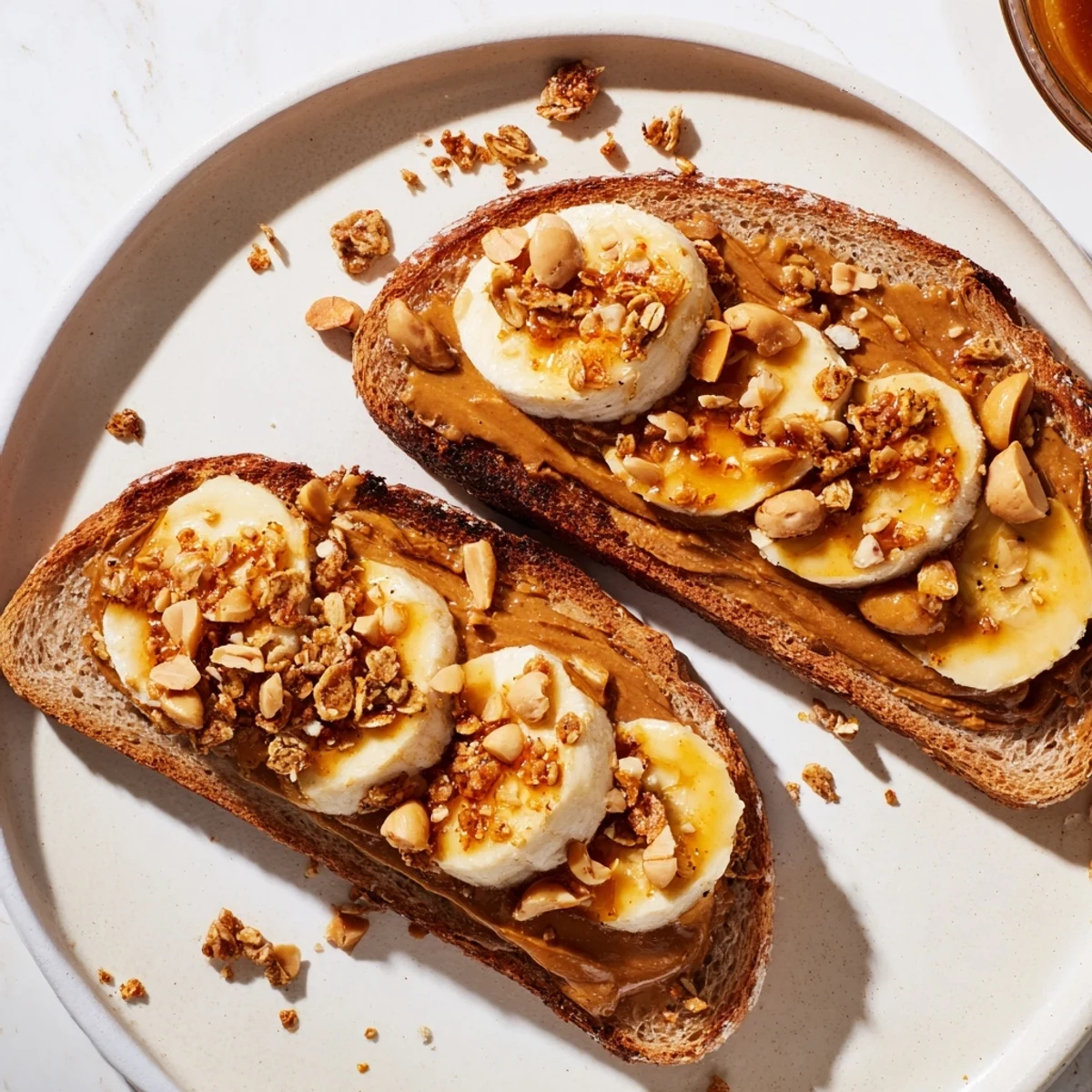 Golden-brown peanut butter and banana sandwich, sliced and ready to enjoy as a quick snack.
