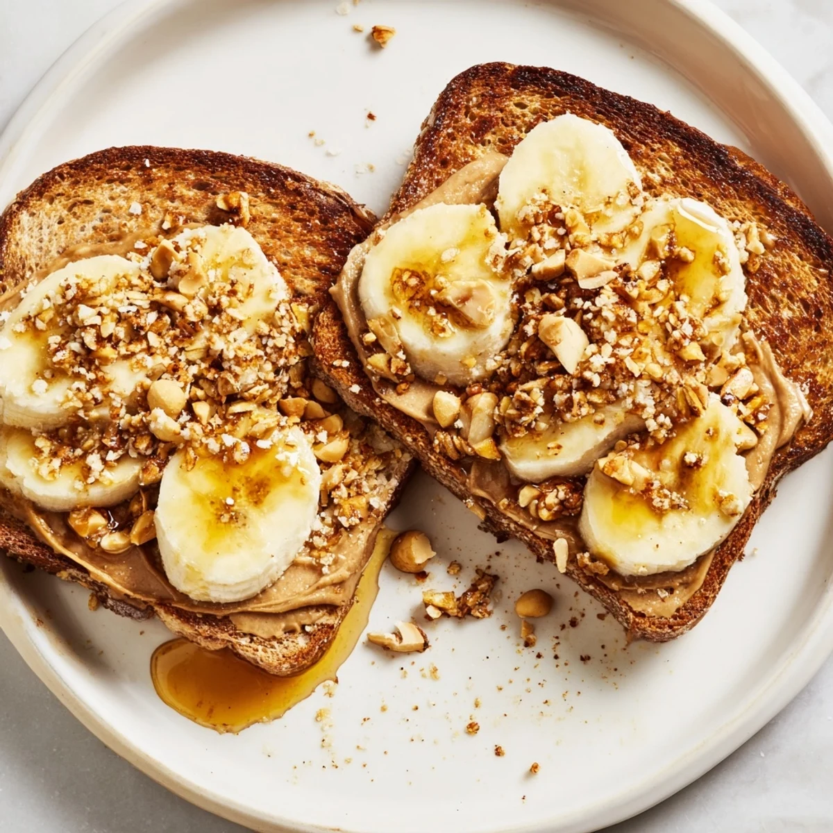 Warm, toasted peanut butter & banana sandwich with sliced bananas, honey drizzle, and crunchy toppings.