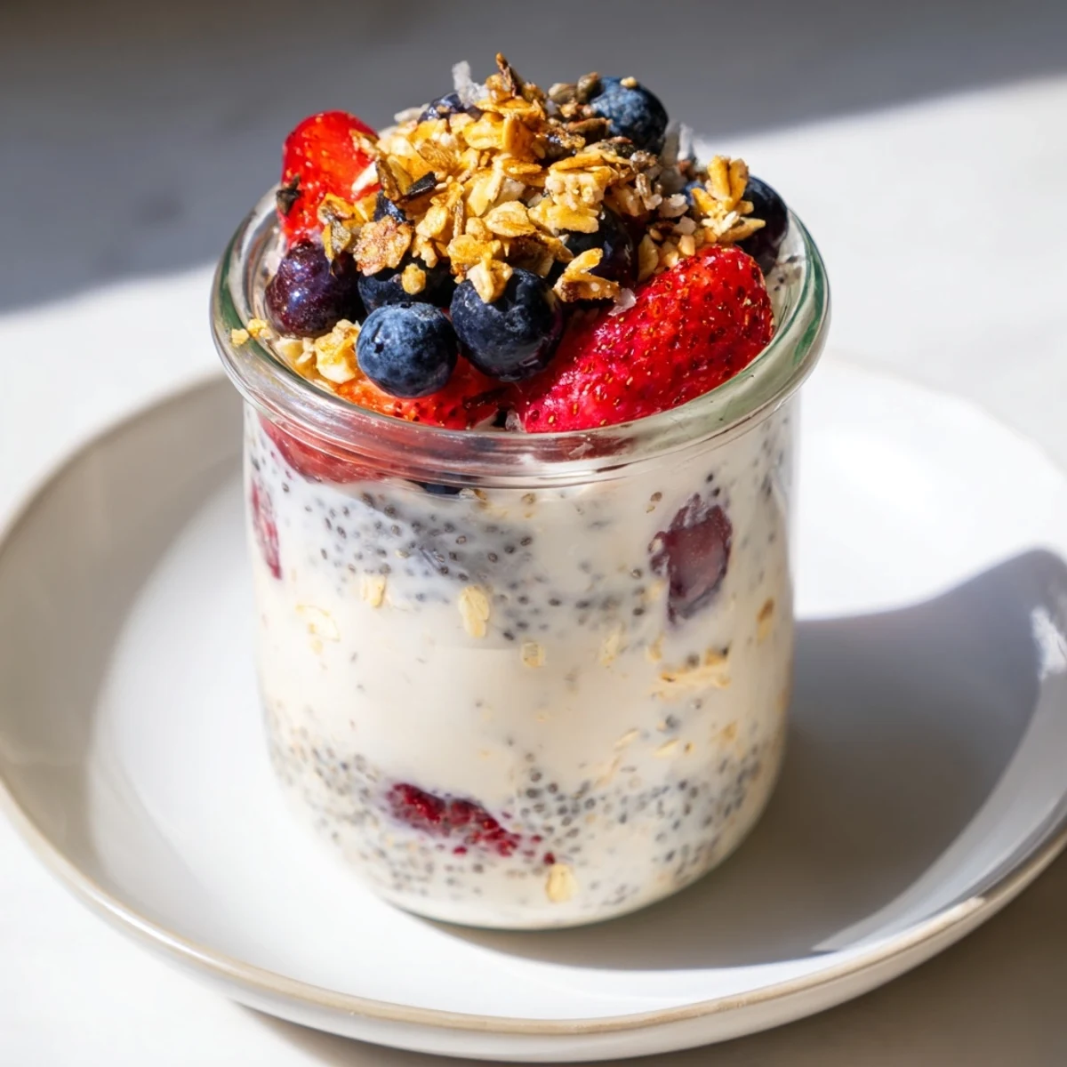 Layered Overnight Oats in jars, speckled with fresh berries and granola, ready for a delicious breakfast.
