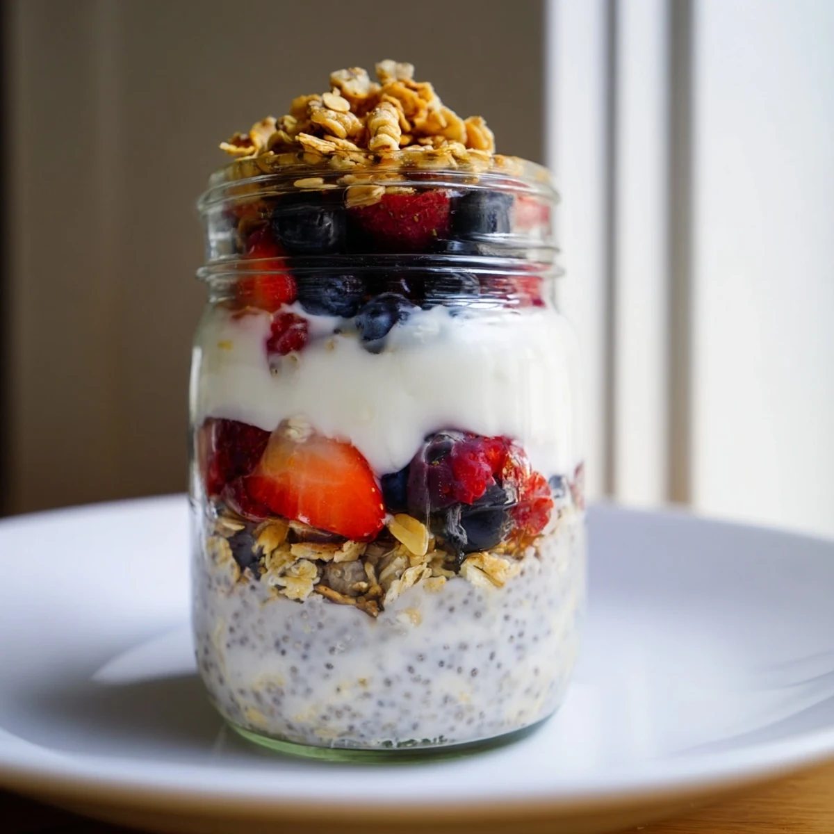 Vibrant Overnight Oats in jars, showcasing a rainbow of toppings like berries, nuts, and chocolate chips.