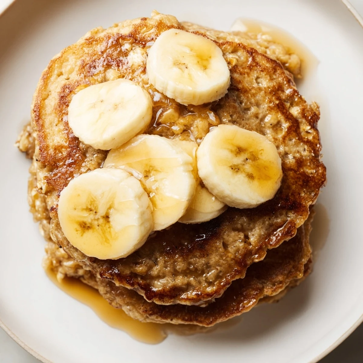 Golden, fluffy banana oat pancakes stacked high, with visible bubbles and a delicious breakfast aroma.
