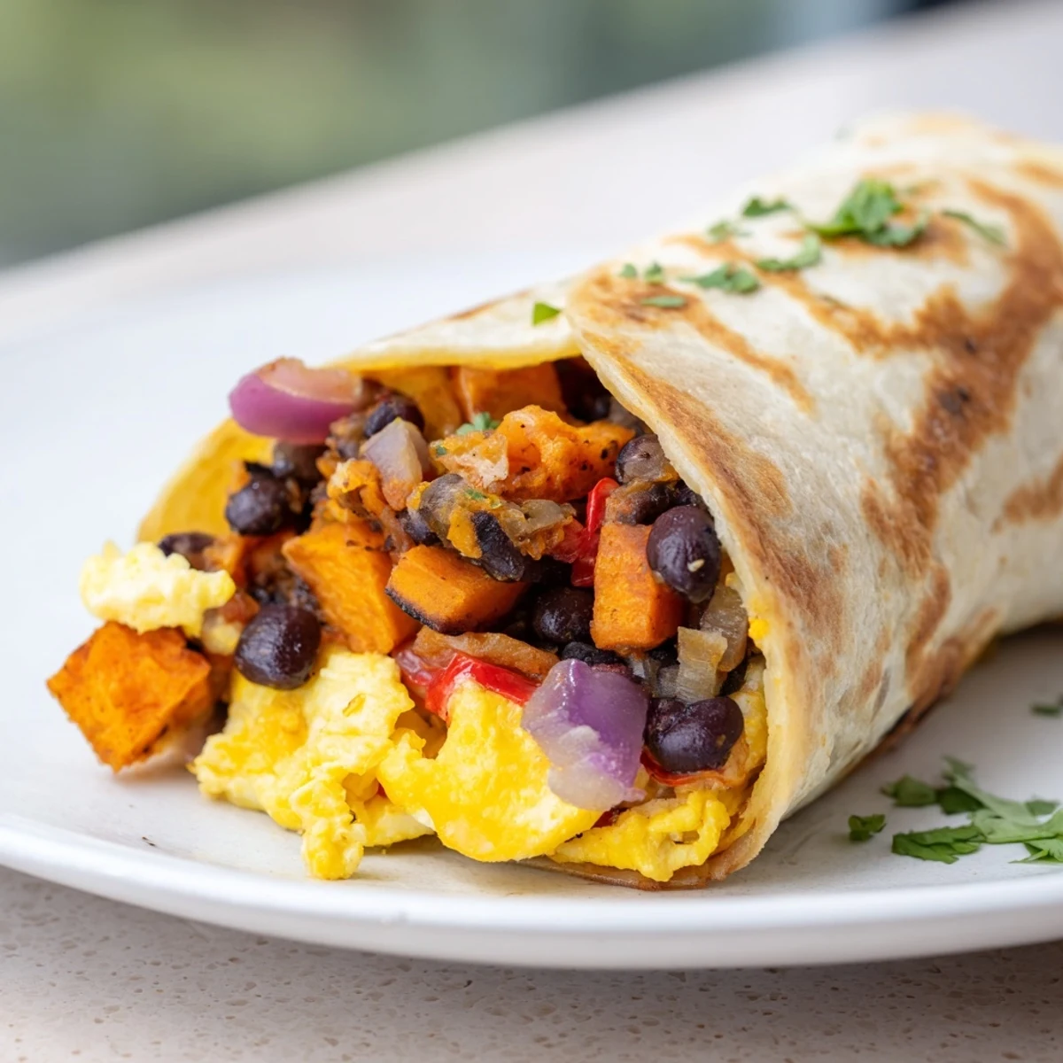 Steaming sweet potato and black bean breakfast burritos stuffed with cheese and savory spices, ready to eat.