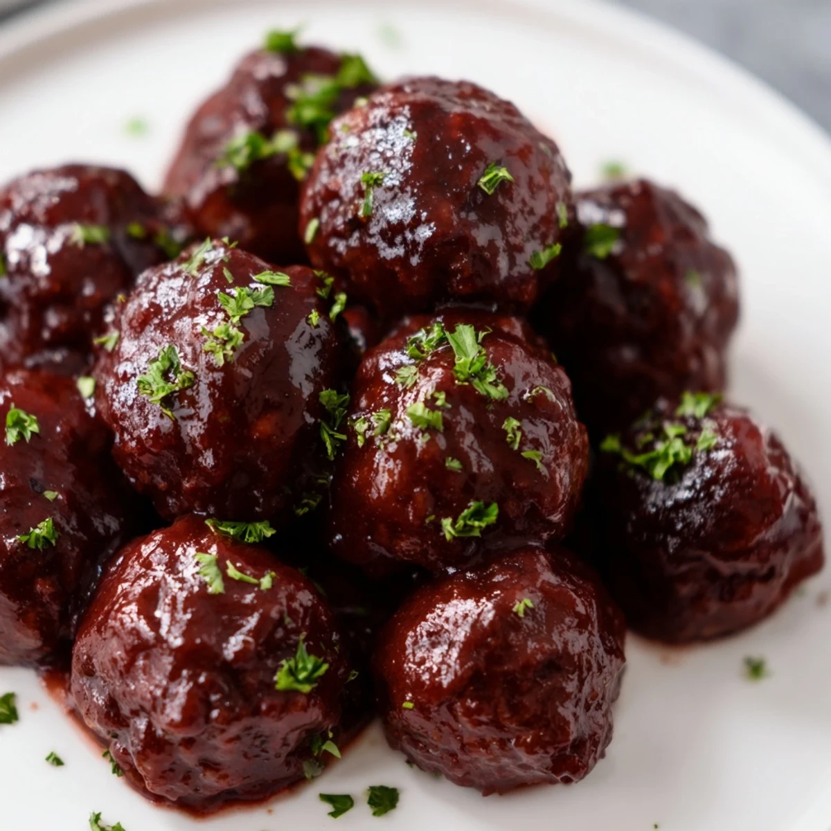 Mouthwatering view of slow cooker cherry BBQ meatballs, a sweet and savory party appetizer made easy.