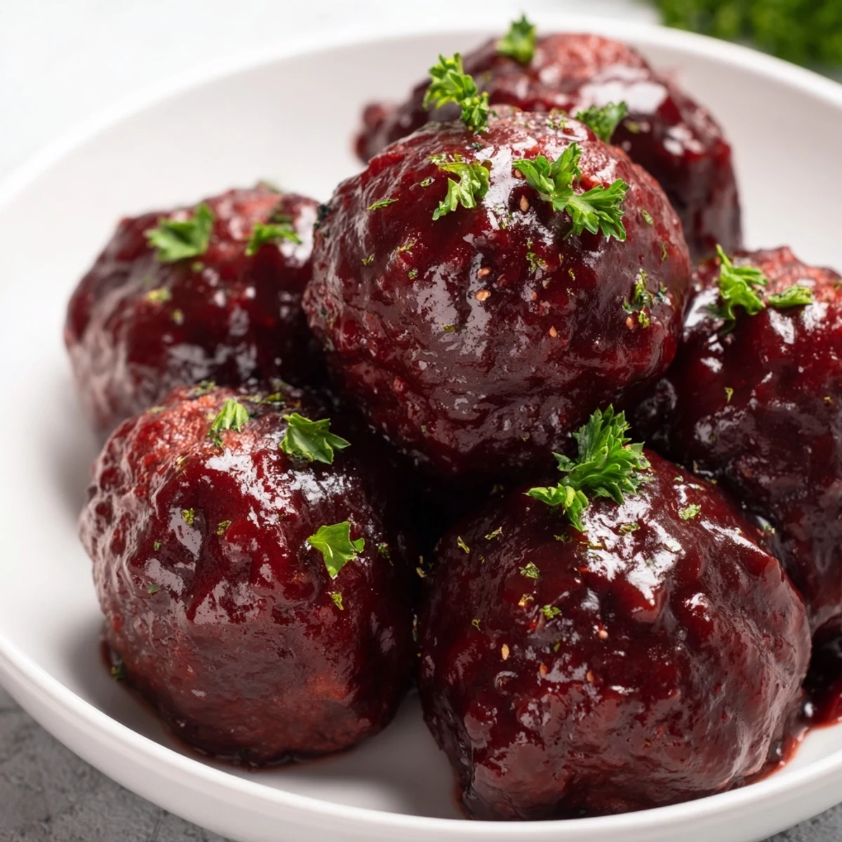 Slow cooked cherry BBQ meatballs, coated in a rich, glossy sauce ready to serve for dinners.