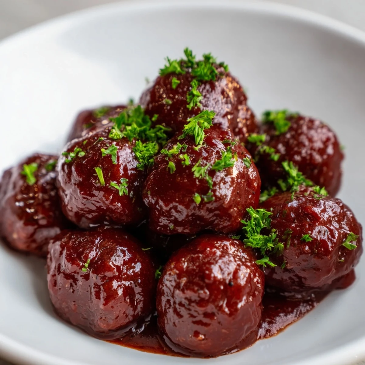 Imagine a vibrant photo of glistening cherry BBQ meatballs, ideal for your next potluck gathering.