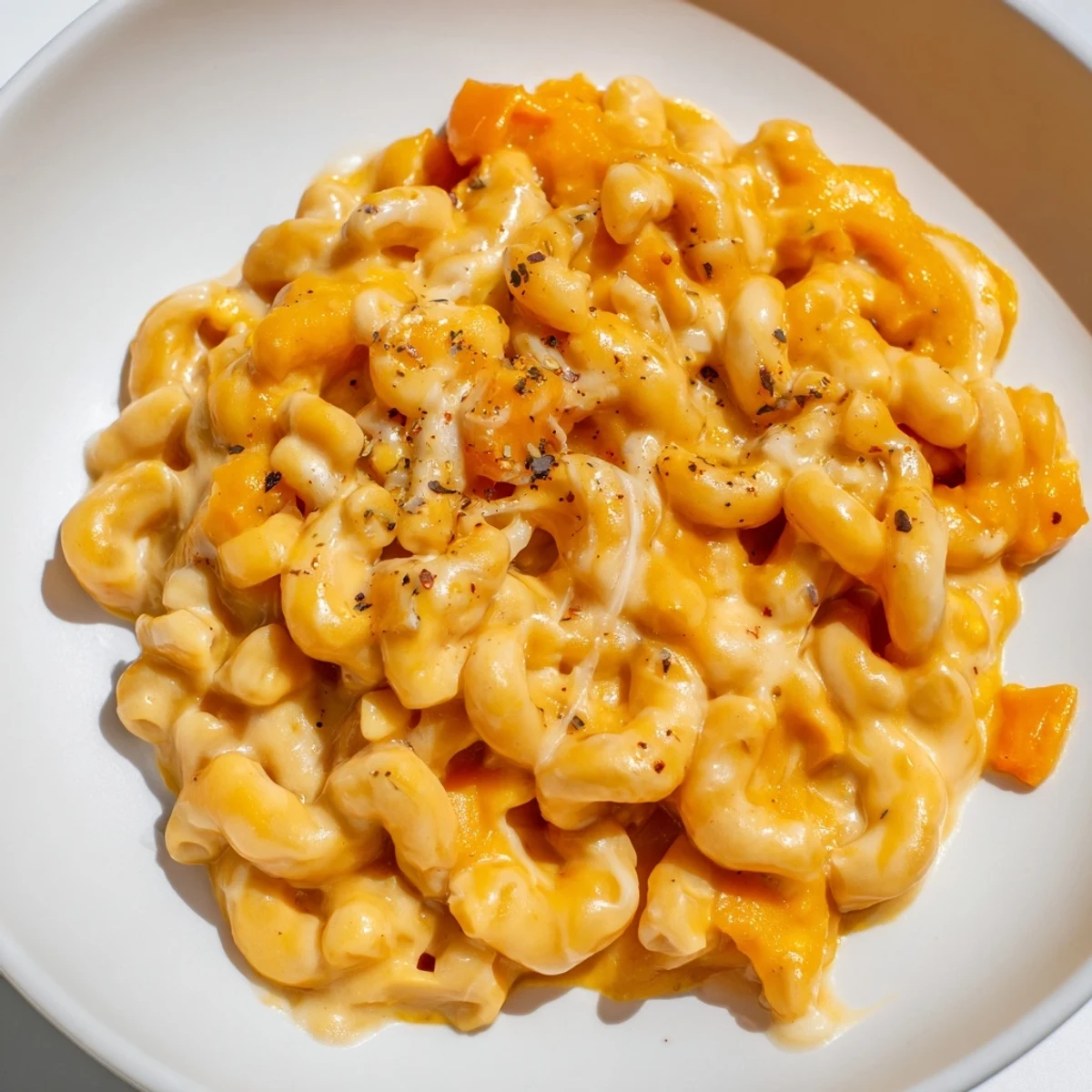 Bright orange One-Pot Butternut Squash Mac & Cheese, garnished with herbs, a perfect vegetarian meal idea.