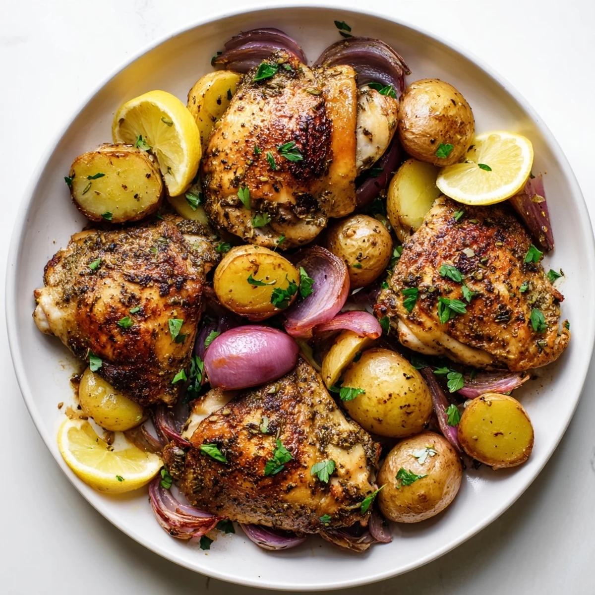 Golden, crispy sheet pan zaatar chicken thighs roast alongside tender potatoes, a flavorful Middle Eastern dinner.