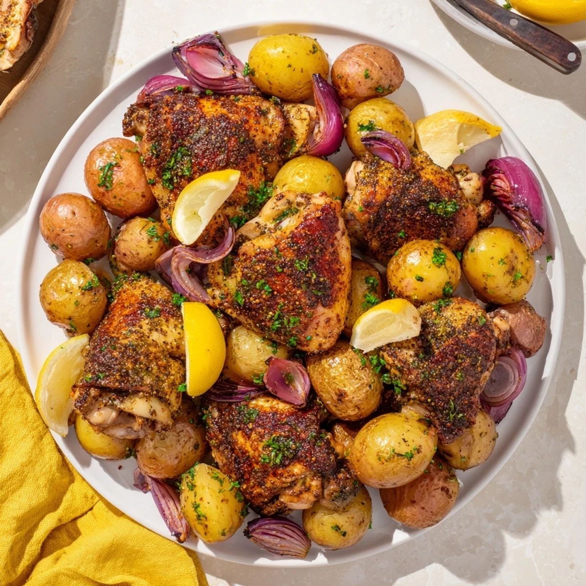 Fragrant zaatar chicken and roasted potatoes on a sheet pan, ready to serve with fresh parsley and lemon wedges.