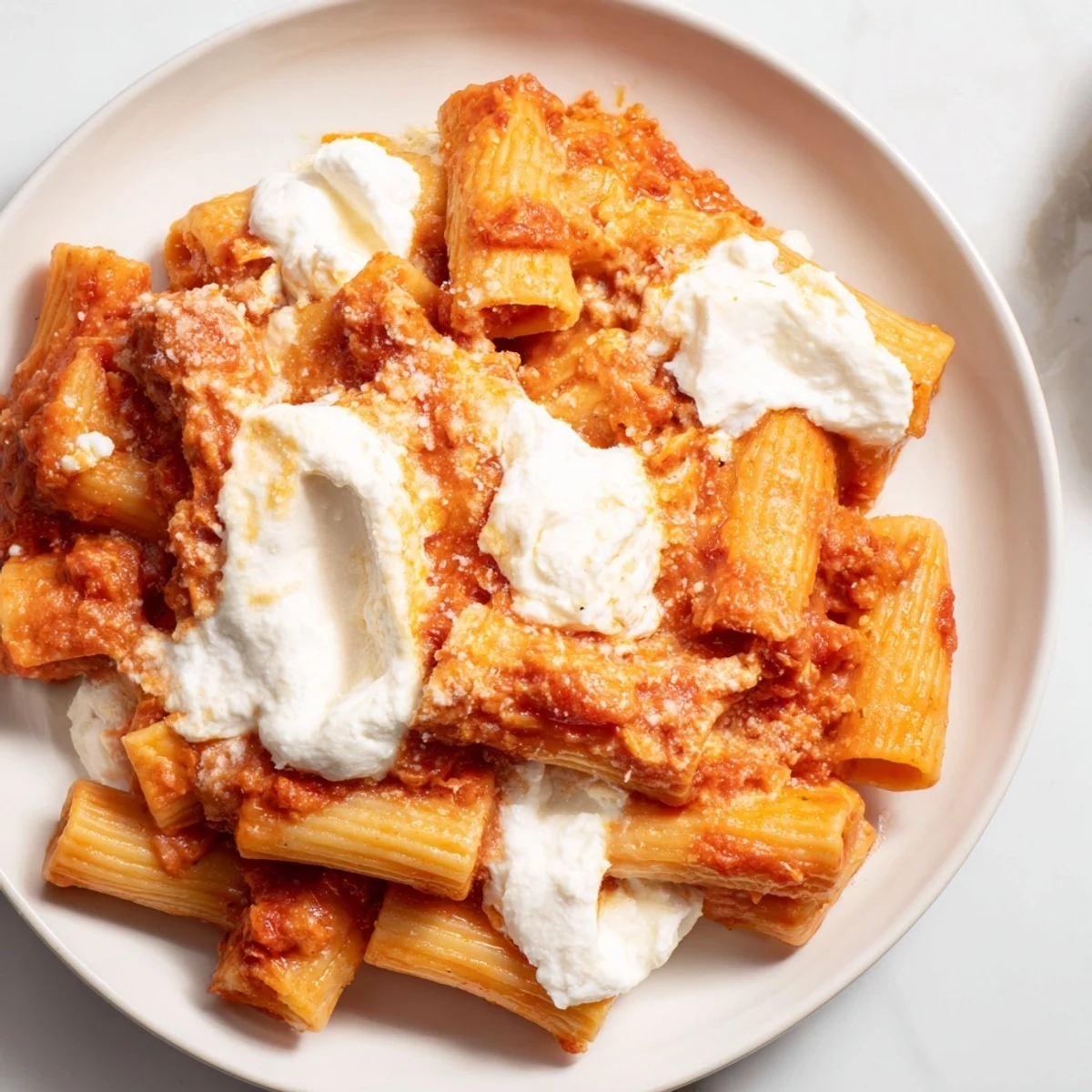 Slow cooked baked ziti bubbling with melted cheese and rich red sauce, ready to serve.