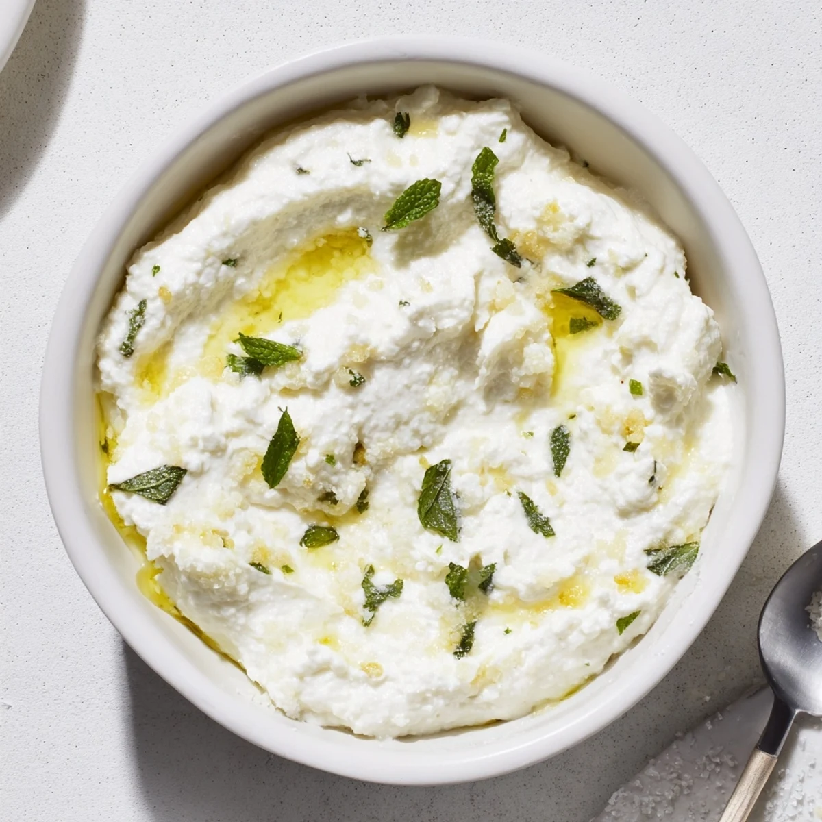 Creamy whipped feta dip with vibrant lemon-mint drizzle, ideal for dipping pita.