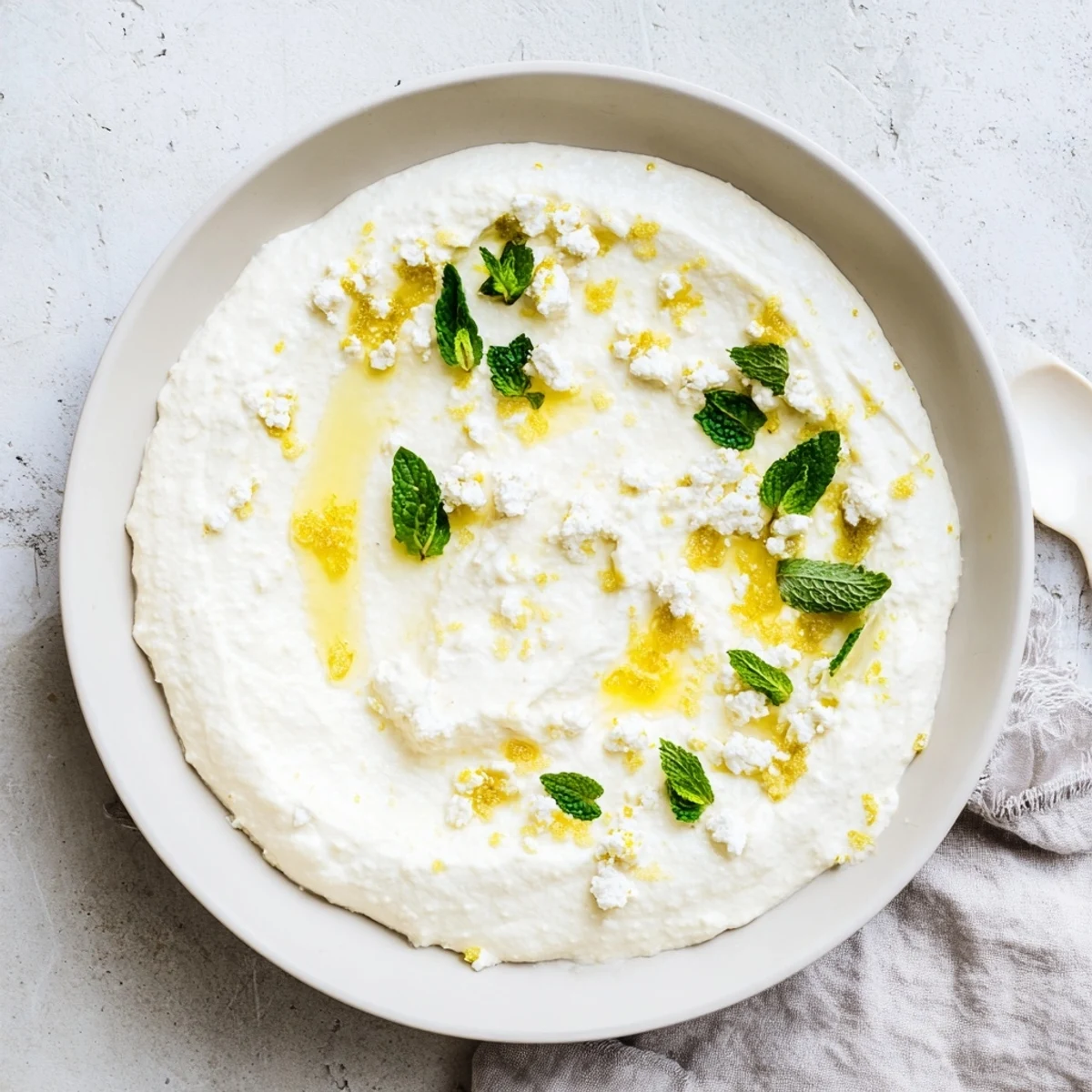 Mediterranean whipped feta dip, drizzled with zesty lemon-mint, ready to be served as an appetizer.