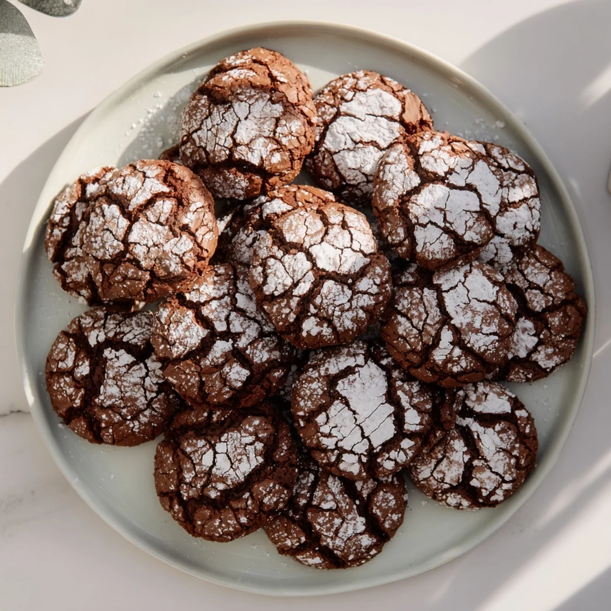 Warm, crinkled textures of baked Red Velvet Chocolate Crinkle Cookies dusted with powdered sugar.