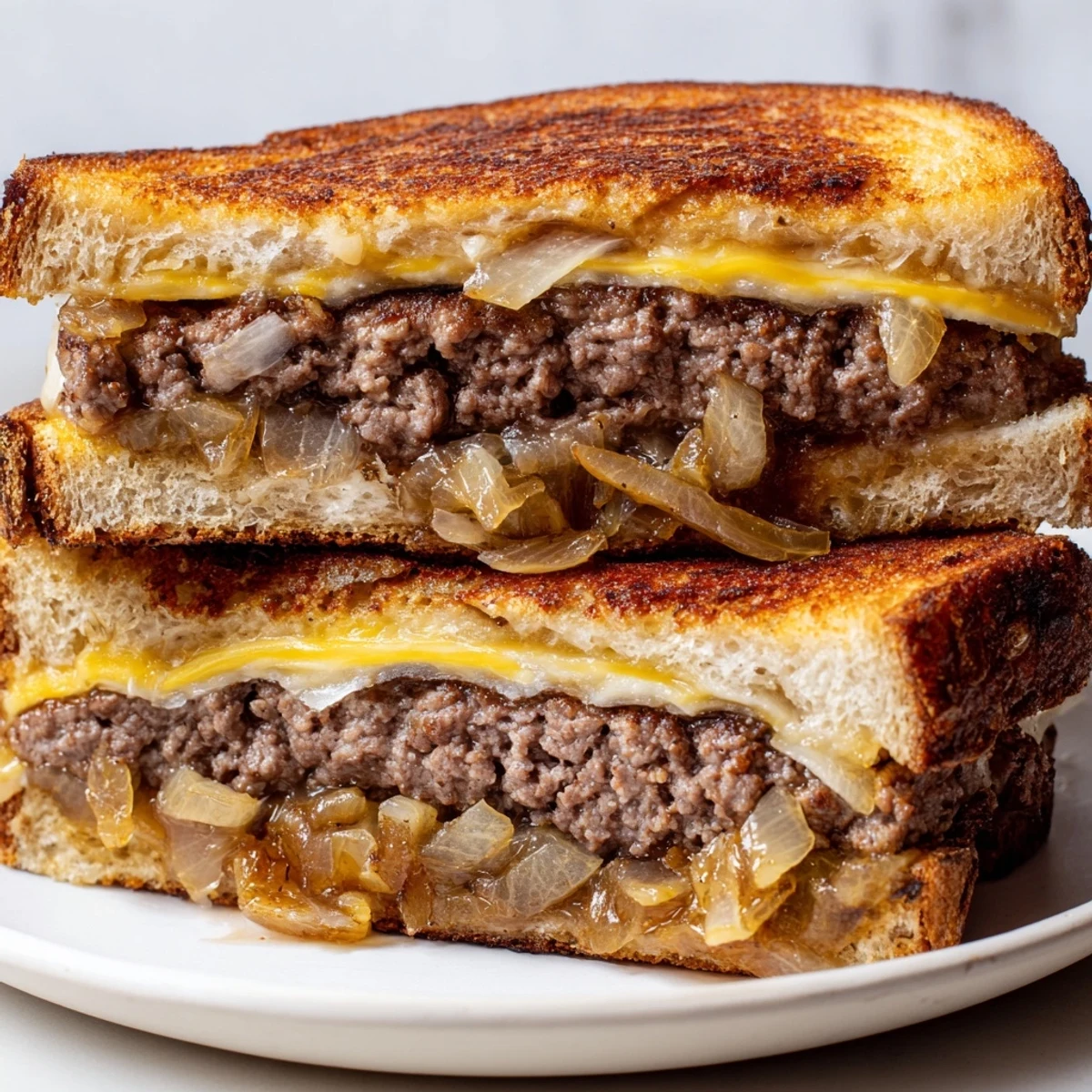 Golden Patty Melt Skillet with melted Swiss and caramelized onions, a diner classic.