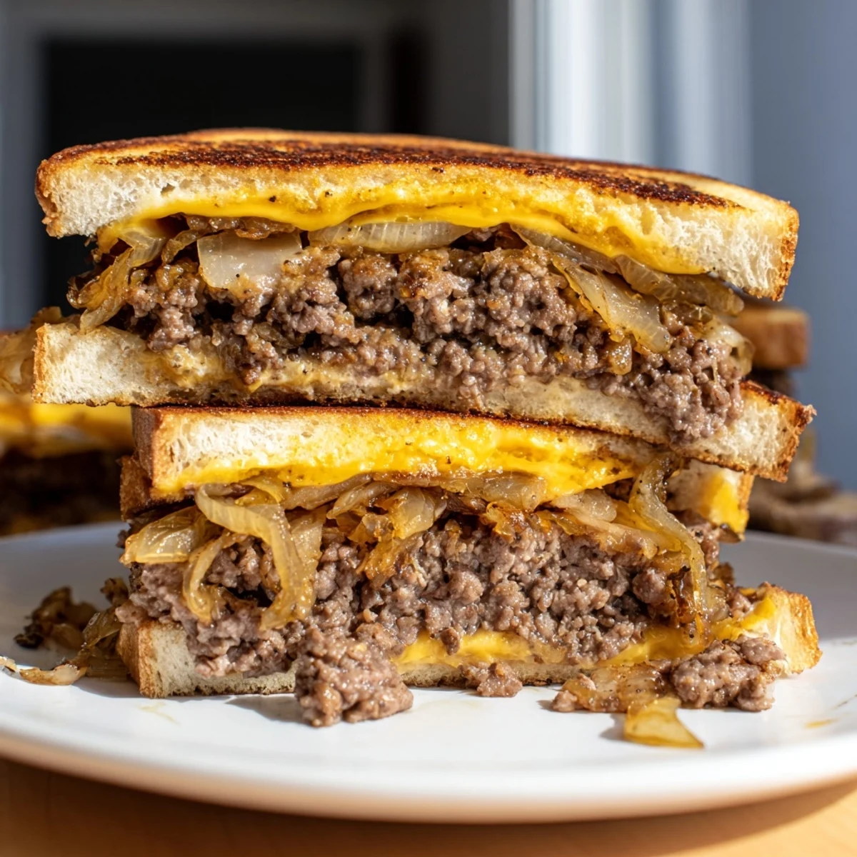 A sizzling cast iron skillet holds a delicious Patty Melt Skillet with browned beef and cheese.