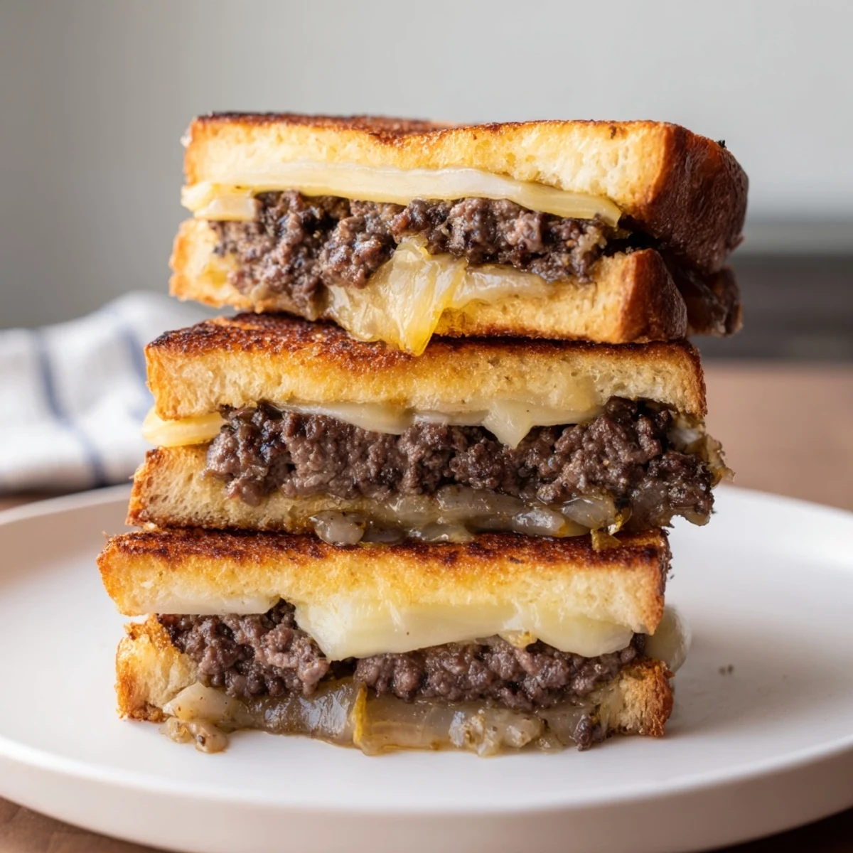 Close-up of a hearty Patty Melt Skillet cut in half, oozing melted cheese and tender beef.