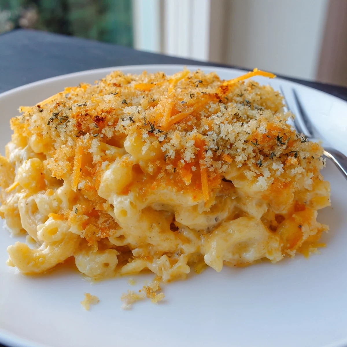 Golden, bubbly Old-Fashioned Baked Mac & Cheese with a crispy breadcrumb topping, perfect comfort food.