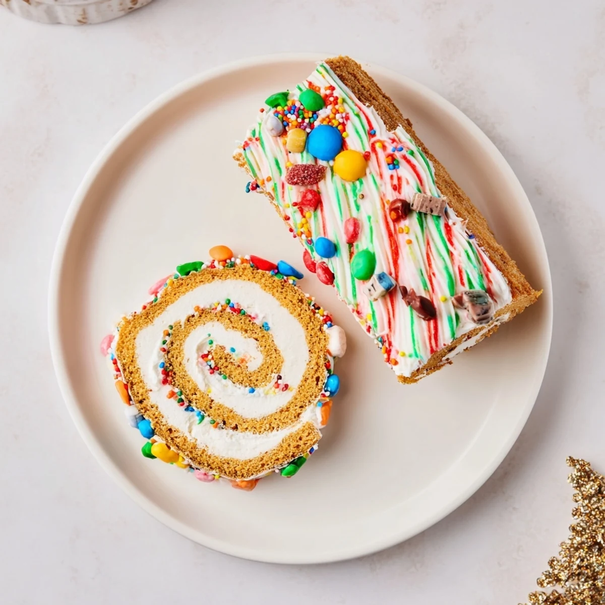 Slices of the Ugly Sweater Cake Roll show cream filling, a tasty and creative dessert creation.