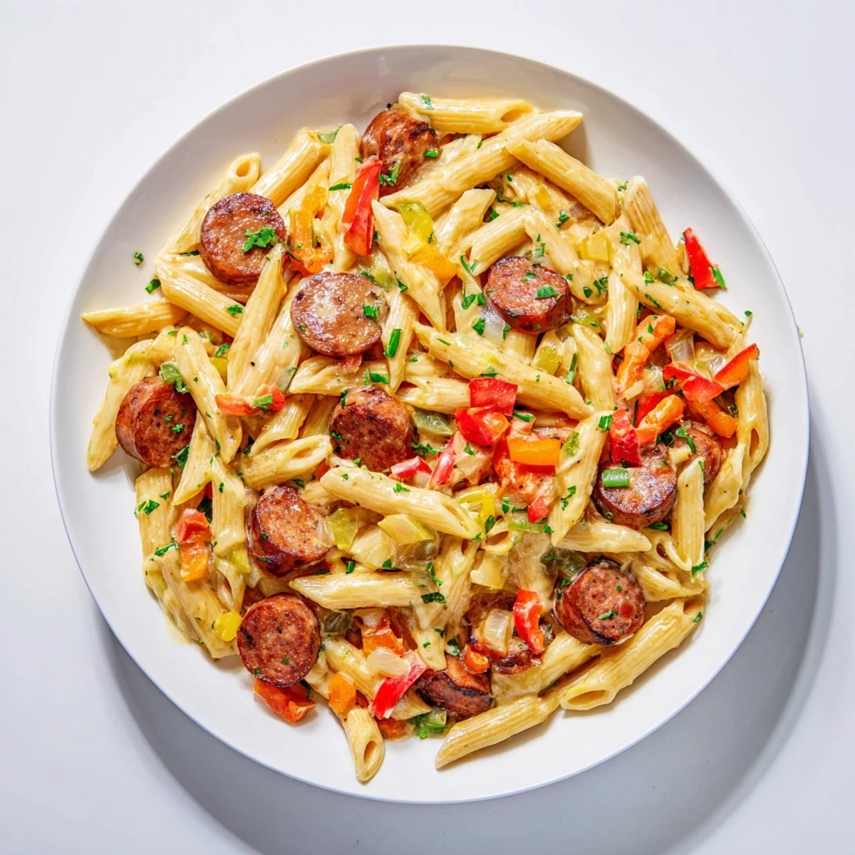 Smoked Sausage Cajun Alfredo with penne: a creamy and vibrant pasta dish, perfect for a quick dinner.