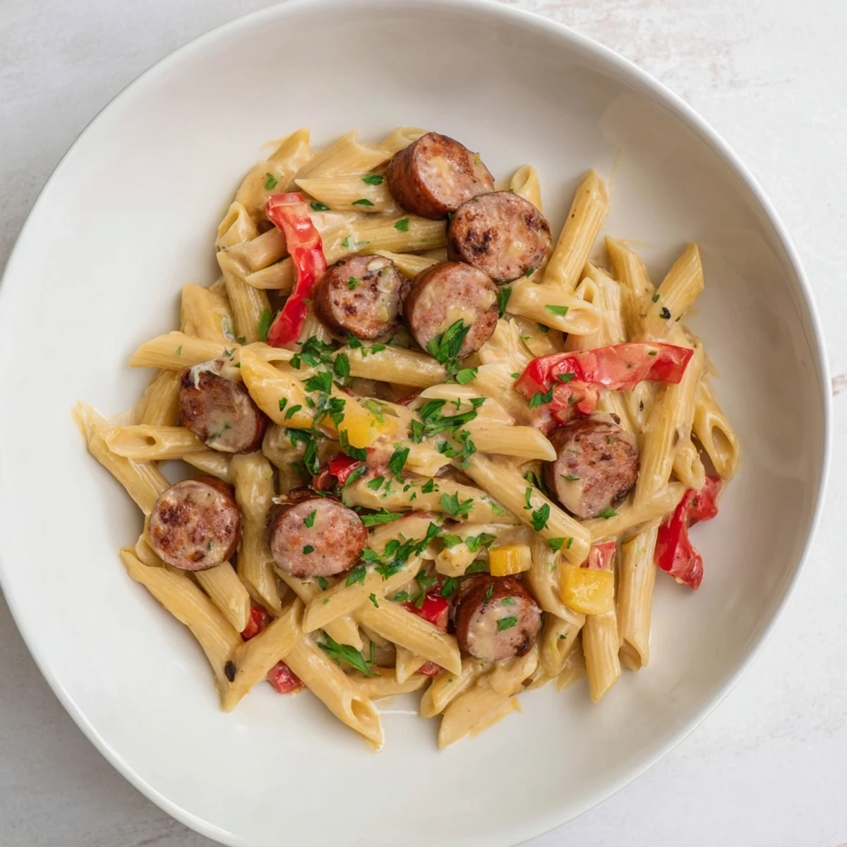 A close-up of Smoked Sausage Cajun Alfredo: Penne pasta coated in rich, spicy Alfredo, loaded with sausage.