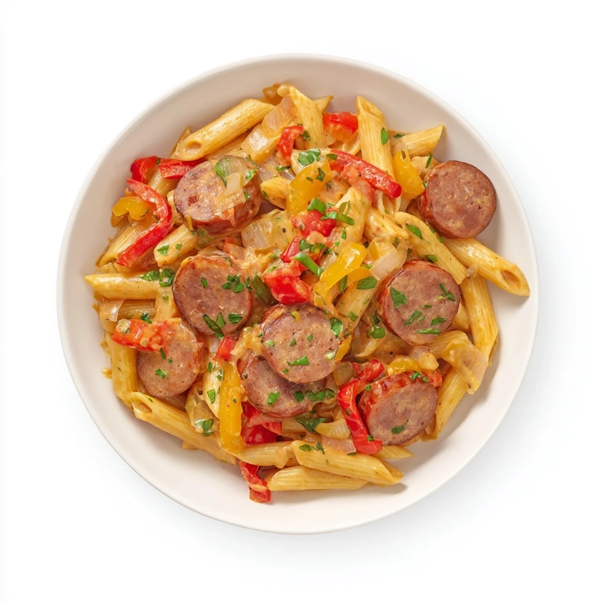 Enjoy a warm bowl of flavorful Smoked Sausage Cajun Alfredo; the penne is perfectly coated in sauce.