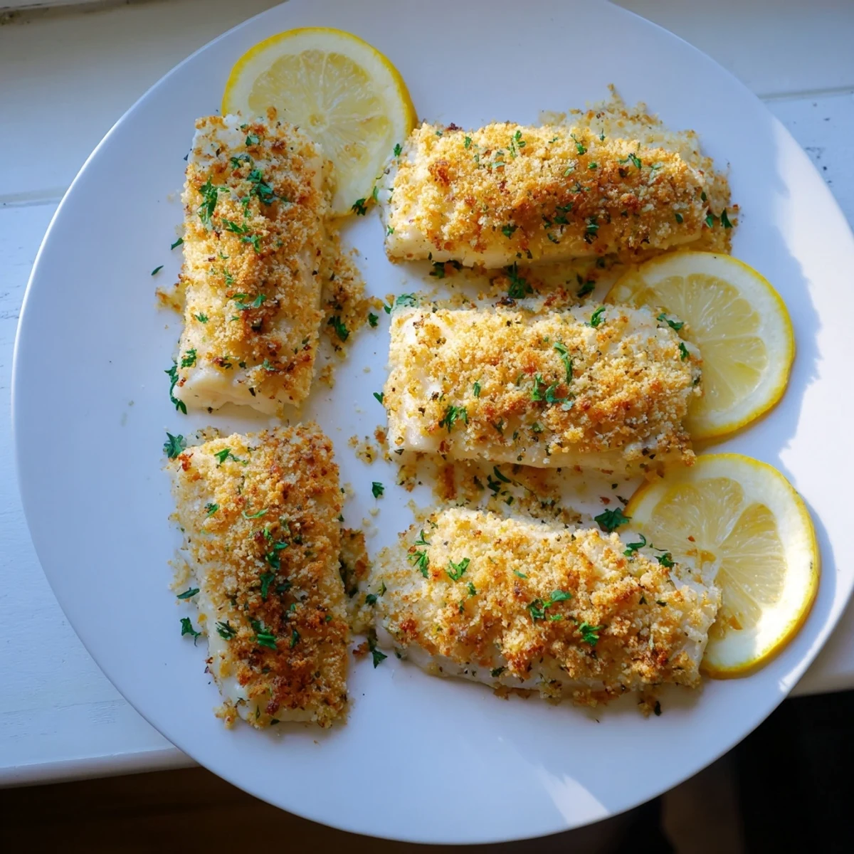 Golden-brown Baked Cod with Crispy Ritz Cracker Topping, flaky fish ready to serve.