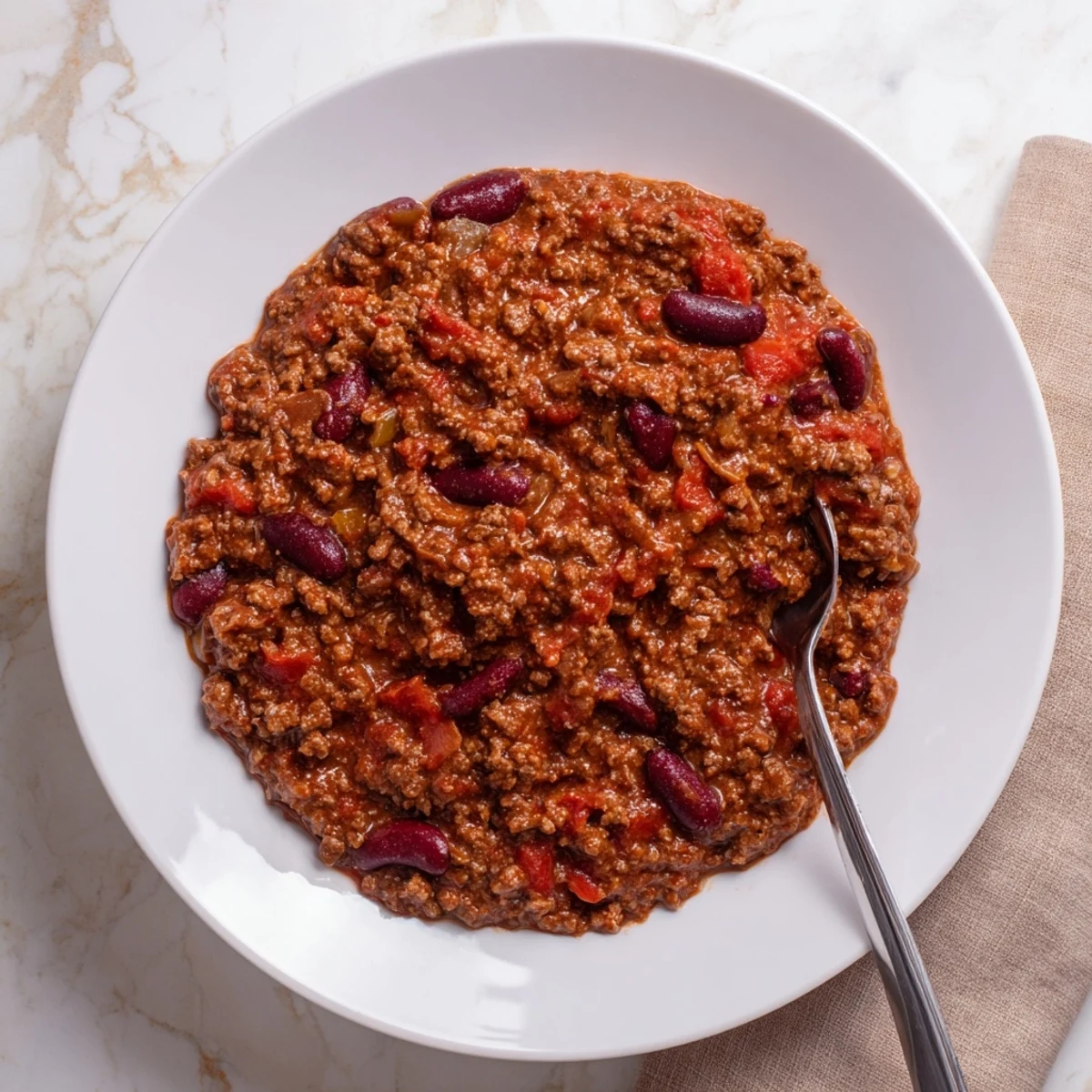A close-up of a bubbling crockpot of easy Secret 4-Ingredient Slow Cooker Chili, ready to serve with toppings.